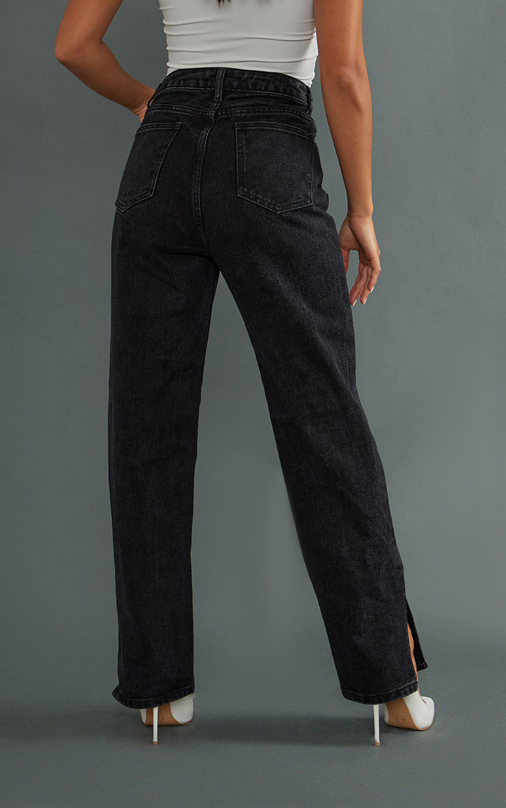Petite Black Straight Leg Split Hem Jeans | PrettyLittleThing US