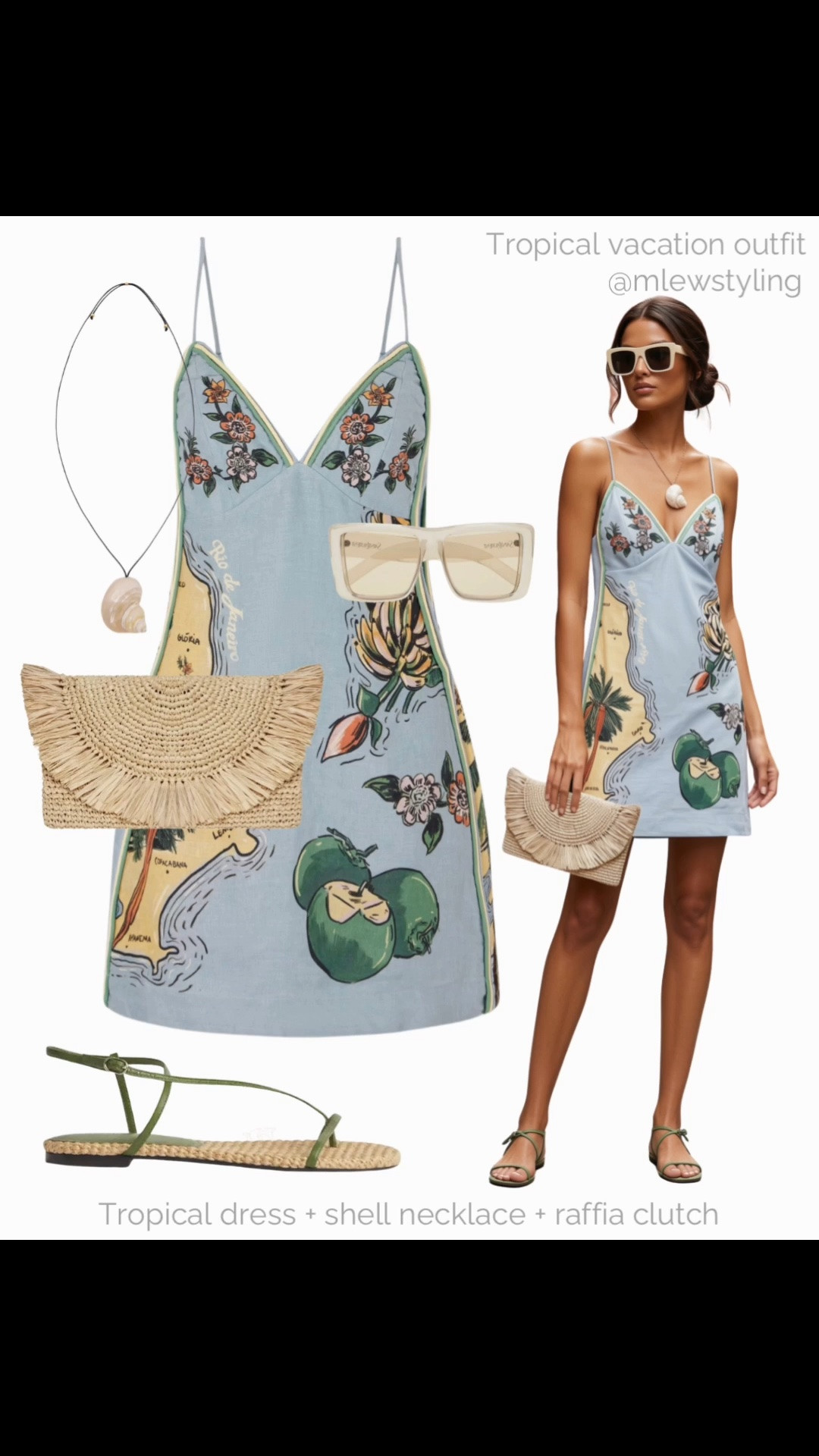 Tropical vacation outfit 🌊

Tags: summer vacation, raffia clutch bag, reformation sandals, seashell pendant necklace , ysl oversized sunglasses, farm rio tropical print mini dress

#LTKsummer #LTKdresses #LTKtravel