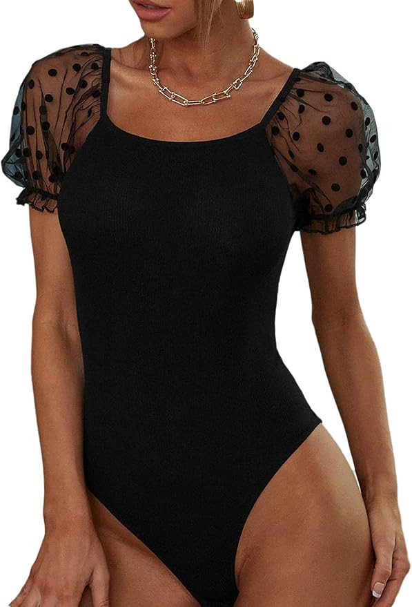 WDIRARA Women's Mesh Polka Dots Short Sleeve Square Neck Backless Bodysuit | Amazon (US)