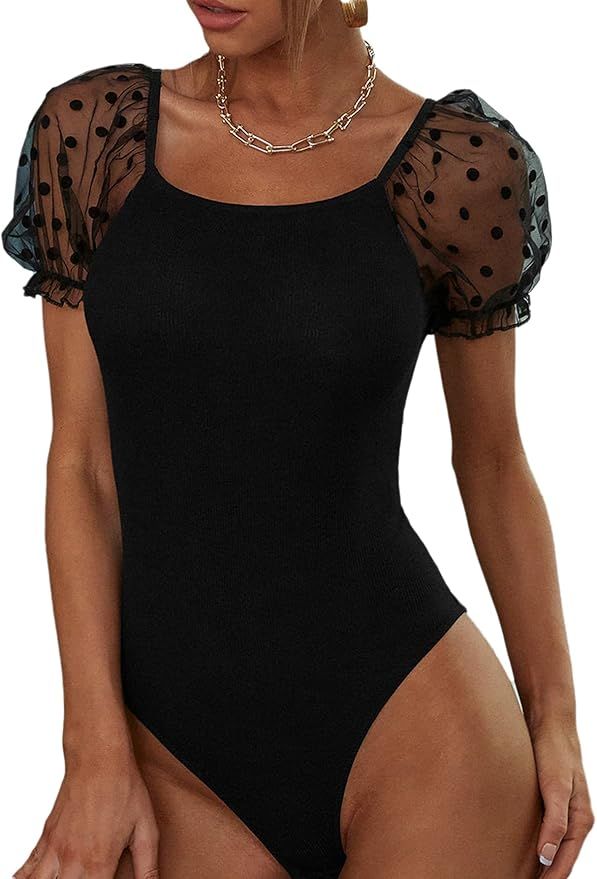 WDIRARA Women's Mesh Polka Dots Short Sleeve Square Neck Backless Bodysuit | Amazon (US)