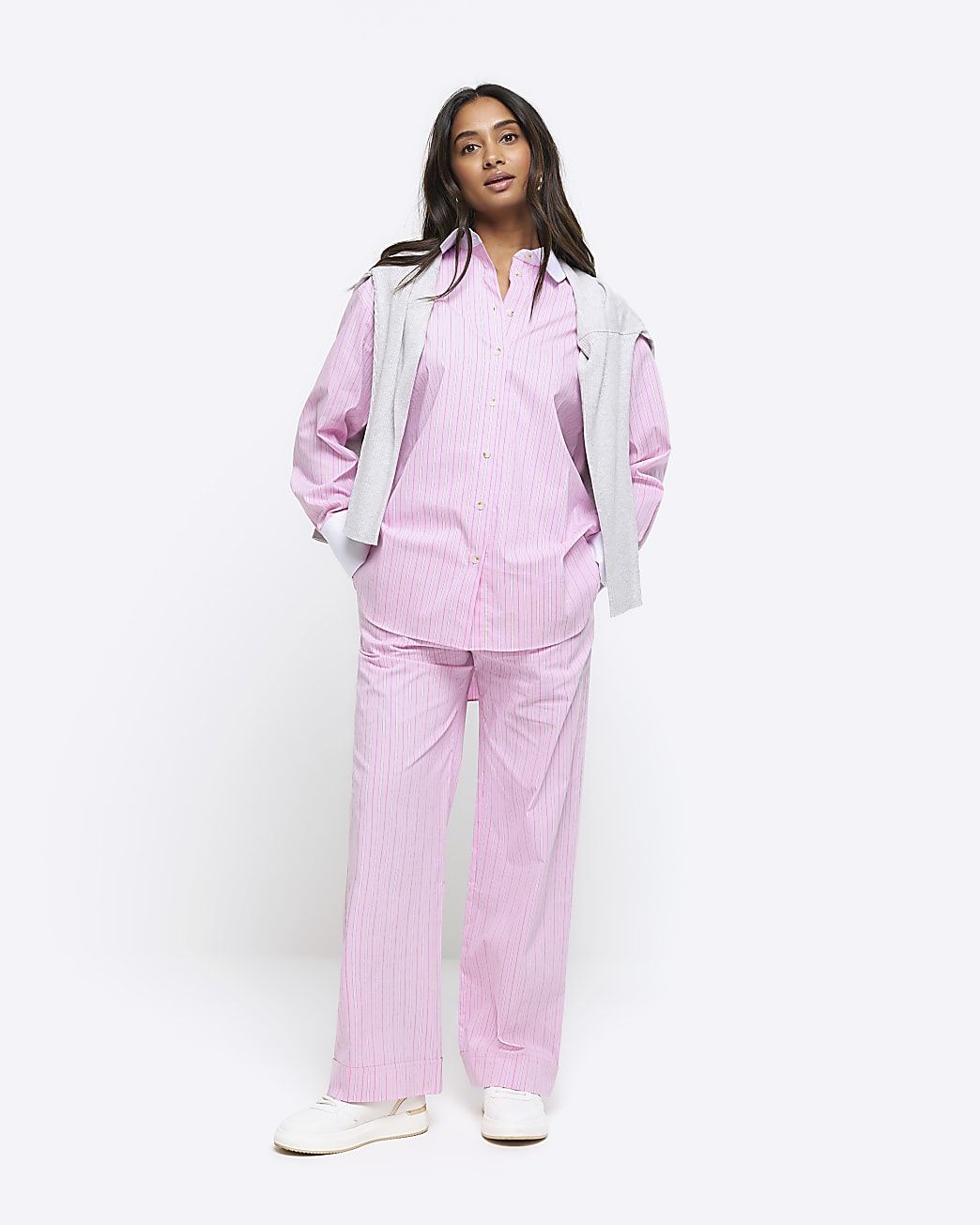 Pink stripe straight pull on trousers | River Island (UK & IE)