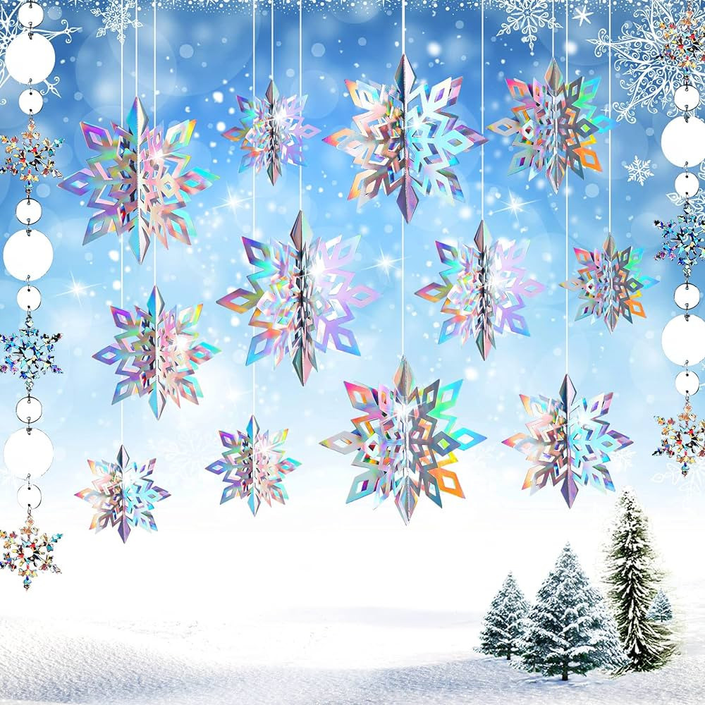 JULMELON 12Pcs Frozen 3D Hanging Snowflakes Decorations, Holographic Snowflakes Garland Silver Sn... | Amazon (US)