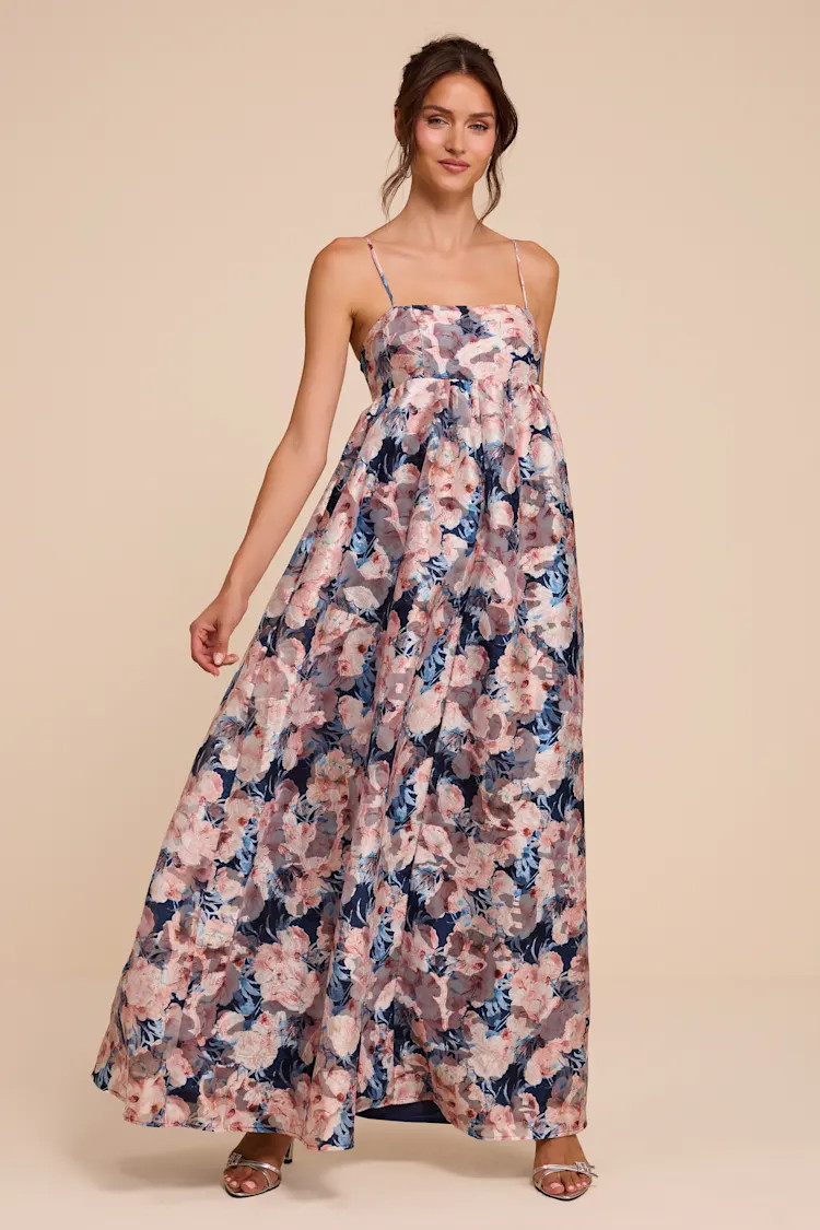 Carmen Navy Multi Floral Jacquard Babydoll Maxi Dress | Lulus