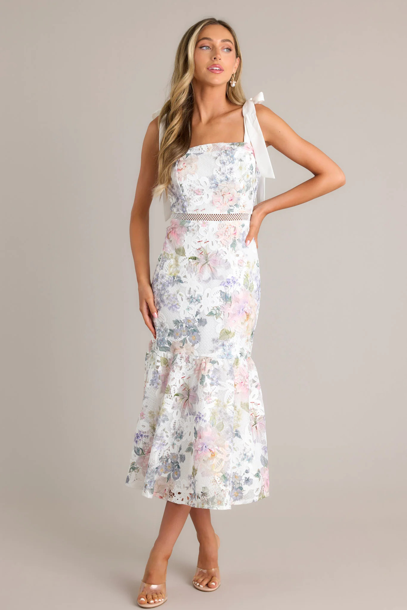 You Grow Girl Ivory Lace Floral Midi Dress | Red Dress