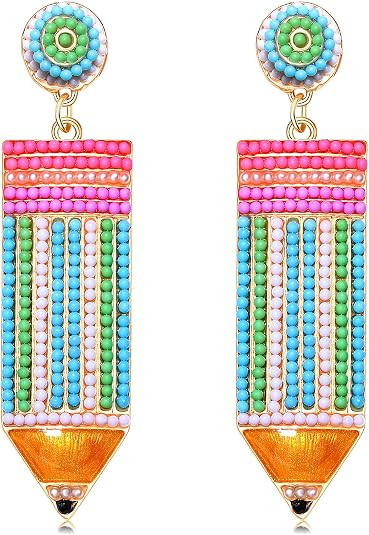 Teacher Earrings Beaded Pencil Earrings for Women Handmade Beaded Dangle Drop Earrings Back To Sc... | Amazon (US)