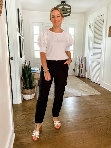 Black and white neutral outfit with cargos pants and puff sleeve detail! Comfortable and chic for work! 
Sandals are so fun!

#LTKFind #LTKSeasonal #LTKstyletip