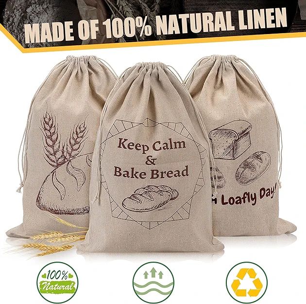 Amazon.com: Linen Bread Bags for Loaf Storage, Bags for Homemade Breads, Pack of 3 Reusable Linen... | Amazon (US)