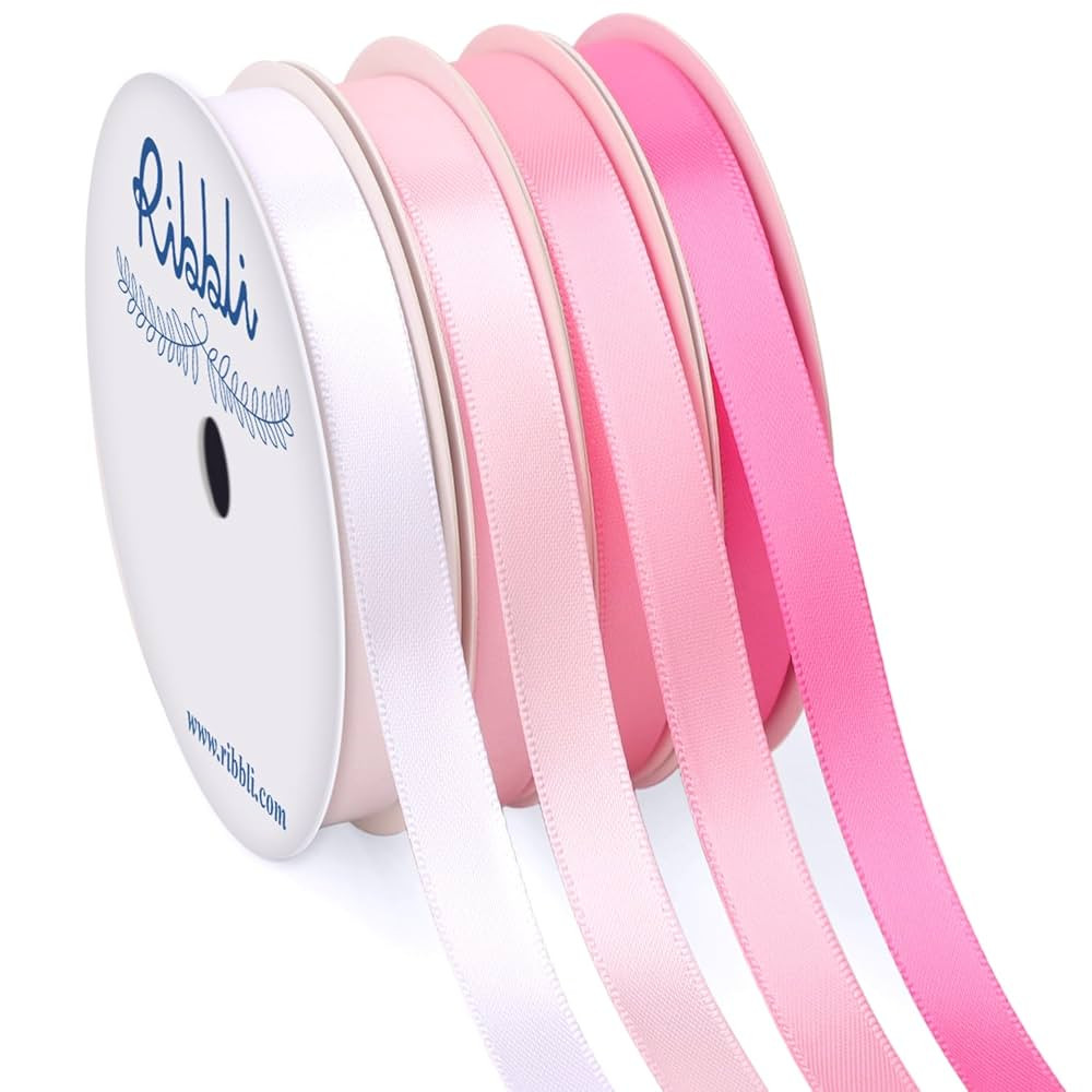Ribbli Pink Satin Ribbon 3/8 Inch x 4 Rolls Total 40 Yards- White Pink Ribbon for Gift Wrapping C... | Amazon (US)