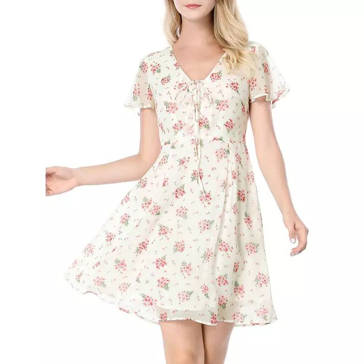 Allegra K Women's Floral V Neck Flare Short Sleeve Lace-up Zipper Chiffon Dress | Walmart (US)