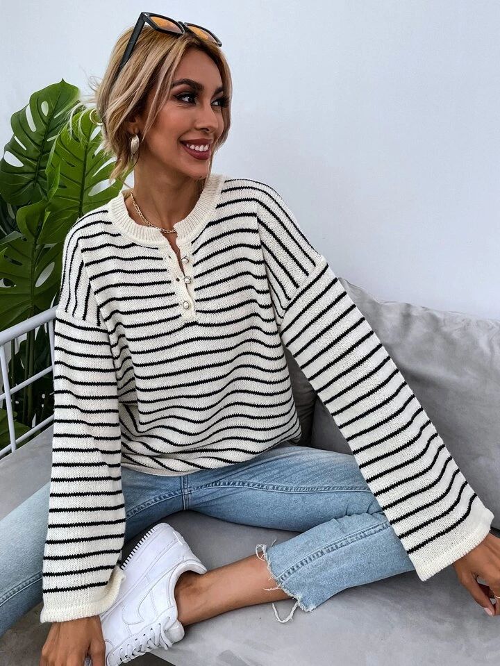 SHEIN Frenchy Striped Drop Shoulder Button Front Sweater | SHEIN