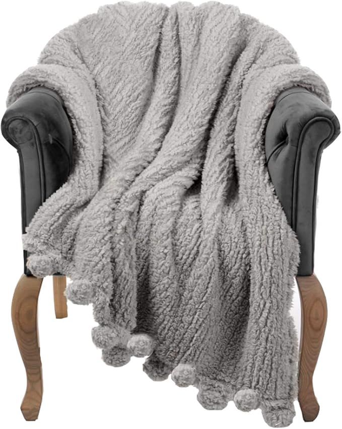 Throw Blanket for Couch - 60x80, Grey with Pom Poms - Fuzzy, Fluffy, Plush, Soft, Cozy, Warm Flee... | Amazon (US)