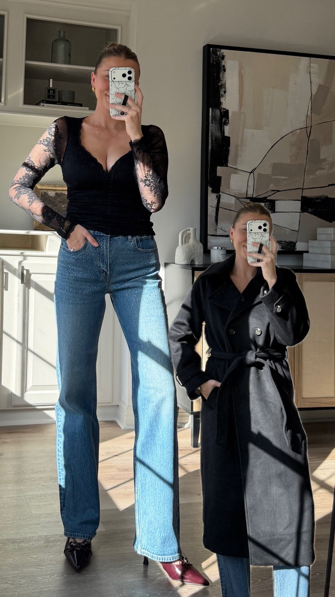 #AbercrombiePartner  @abercrombie  I’m obsessed with these studded jeans for the holidays! I paired them with this lace bra free top for an easy yet chic holiday outfit! Just add a trench coat for added warmth! I’m wearing a size M in the top, S in coat, 
 and 26L in jeans! 

#LTKHoliday