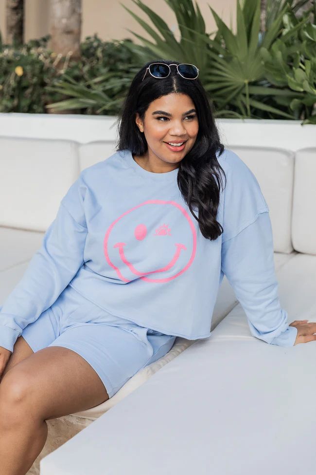 Sunny Smiley Periwinkle Cropped Graphic Sweatshirt | The Pink Lily Boutique