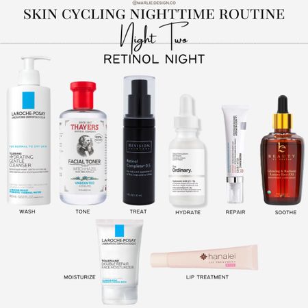 Skin Cycling Nighttime Routine Night Two Retinol Night | face wash | toner | retinol | retinoid | hyaluronic acid | eye cream | skin oil | moisturizer | lip repair | the ordinary | ulta | Amazon | revision skincare 

#LTKunder50 #LTKbeauty #LTKunder100