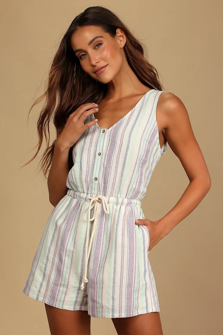 Forever Adventure Lilac Multi Striped Drawstring Romper | Lulus (US)