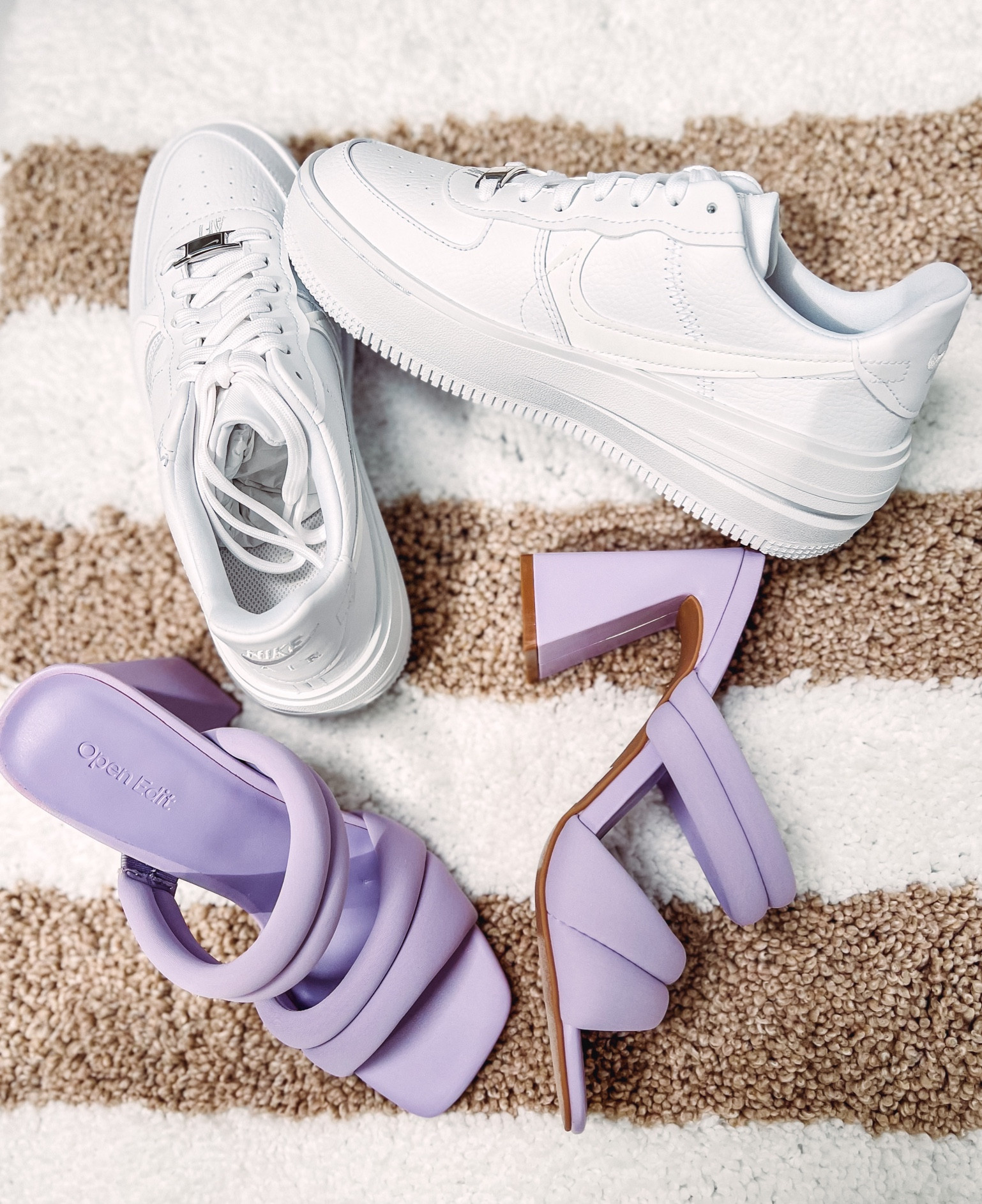 Air Force ones and color block heels in lilac/ light purple. Very on trend. Block heels on sale in this color! 