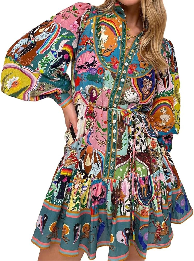 Women's Boho Graffiti Summer Dress Long Puff Sleeve Button Bodycon Sexy Nightclub Party Blouse Dr... | Amazon (US)