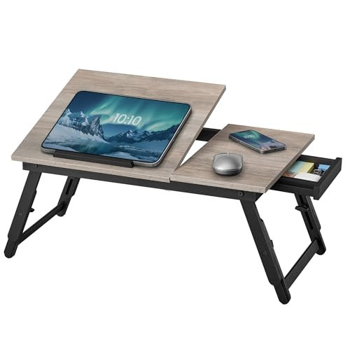 SONGMICS Bed Laptop Desk, Folding Bed Tray for Laptop up to 15.6 Inches, Adjustable Angle and Height, Portable for Working Reading Writing Breakfast, Bamboo Legs, Drawer, Heather Greige ULLD105W01 | Amazon (US)
