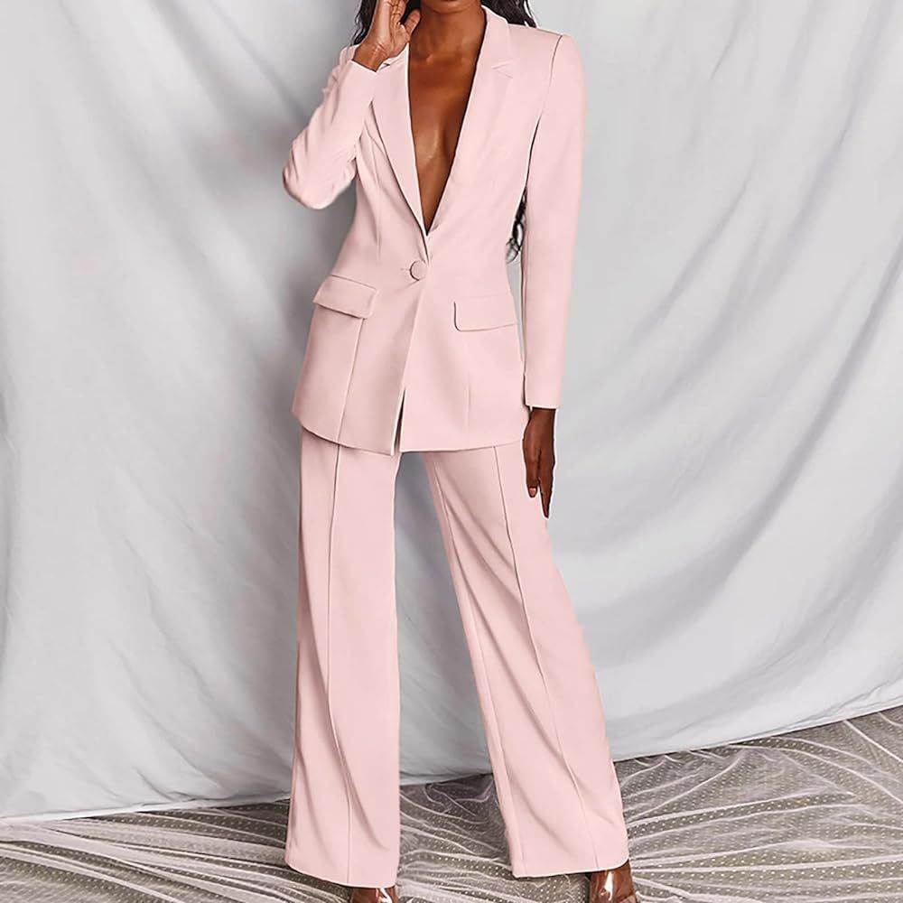 wodceeke Suits for Women Office Professional Long Sleeve Blazer Jacket and Floor-Length Wide Leg ... | Amazon (US)