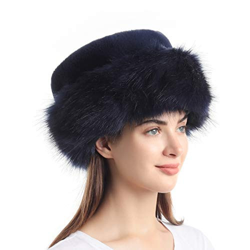 sy soul young Women's Leopard Faux Fur Hats Fluffy Bucket Hats Russian Style for Winter(One Size,Navy) | Amazon (US)