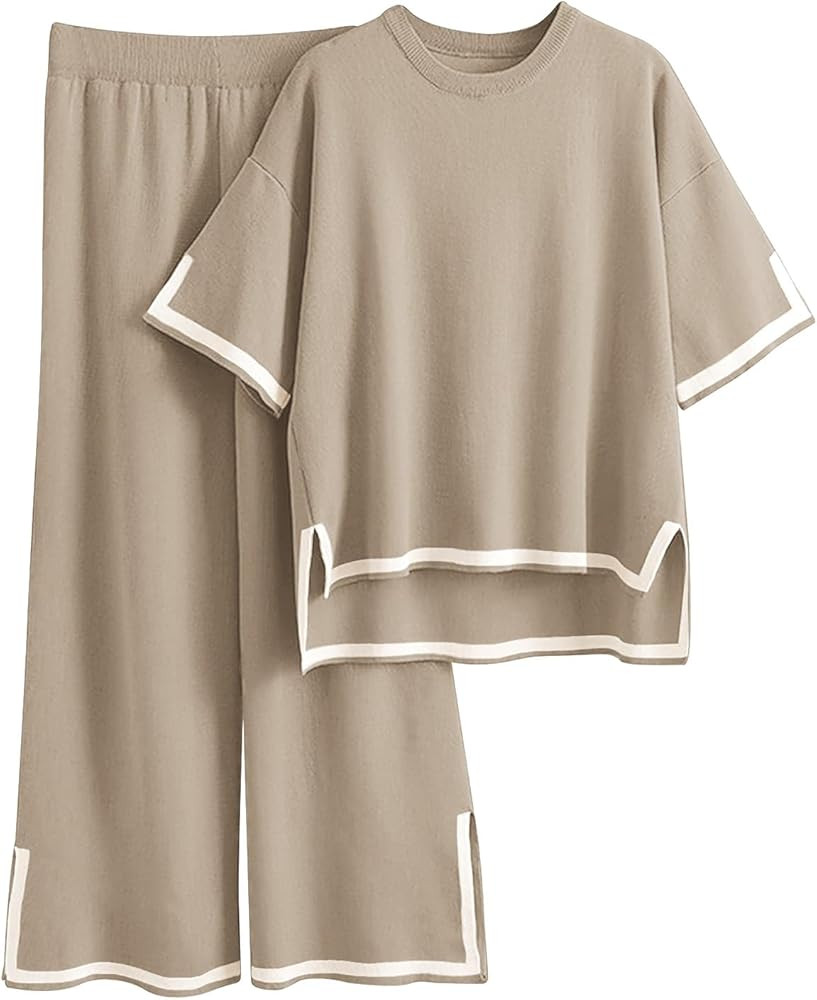 Imily Bela Womens Plus Size Lounge Sets 2 Piece Outfits Short Sleeve Pullover Tops Wide Leg Pants Summer Travel Outfits | Amazon (US)