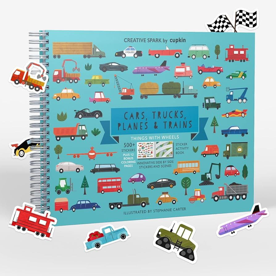 Cars, Trucks, Planes & Trains Stickers + Coloring Book by Cupkin: Innovative Side by Side Sticker... | Amazon (US)