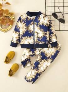 Baby Girls' Full Printed Zip-Front Jacket And Pants Set | SHEIN