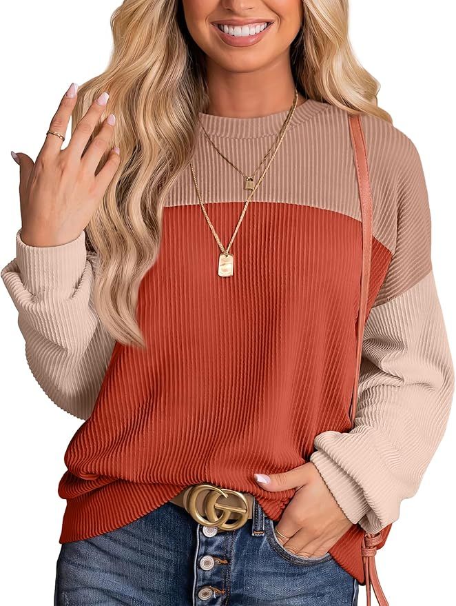 WIHOLL Womens Fashion 2024 Color Block Long Sleeve Crewneck Knitted Ribbed Shirts Tunic Tops Casual Loose | Amazon (US)