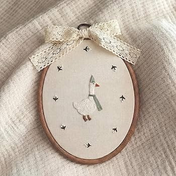 Yalikop Large Silly Goose Wall Art 7 x 10'' Embroidered Goose Nursery Decor with Bow Lace Wooden Hoop Coquette Framed Canvas Artwork Hanging Decor for Baby Shower Bedroom Decoration(Sage Green) | Amazon (US)