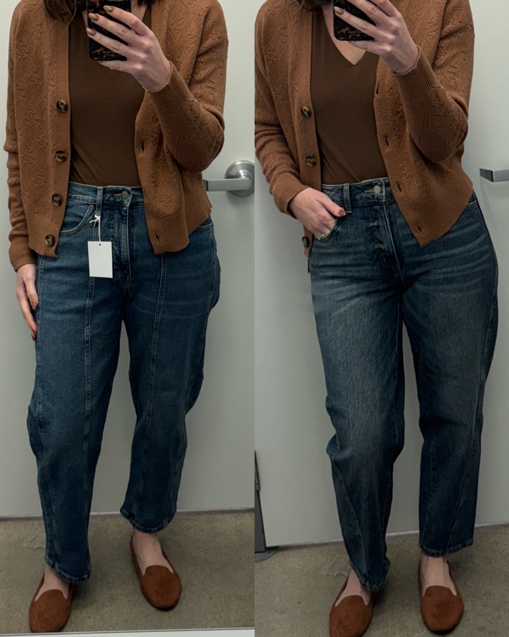 Walmart barrel jeans try on. Both pairs are under $35. 

Jessica Simpson: size down 
Time and Tru: true to size  