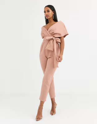 ASOS DESIGN fallen shoulder scuba jumpsuit in blush | ASOS (Global)