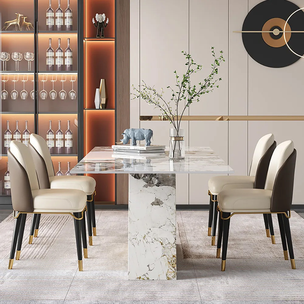 Modern 79"" Rectangle Faux Marble Dining Table with 8 Chairs in Gold | Homary