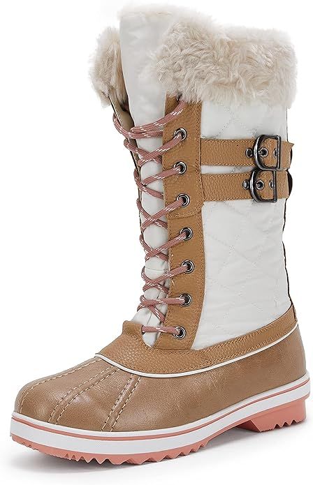 Womens Duck Snow Boots Fuzzy Fur Warm Waterproof Leather Lace Up Side Zip Strap Buckle Winter Mid... | Amazon (US)