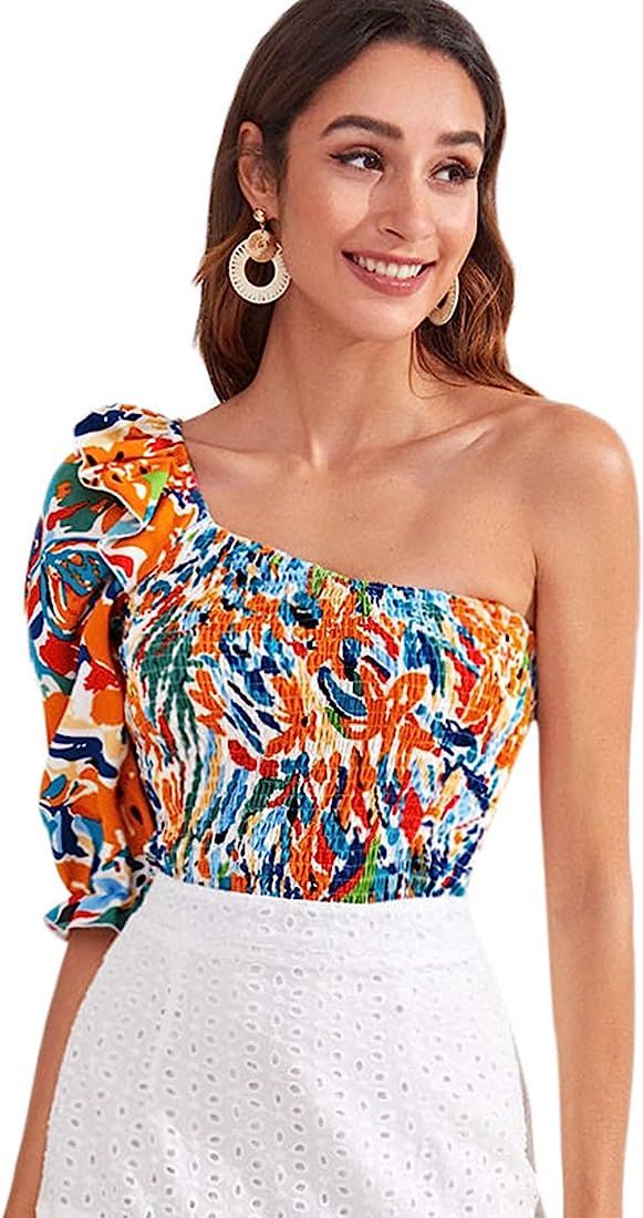 SOLY HUX Women's One Shoulder Puff Short Sleeve Printed Crop Top Blouse | Amazon (US)
