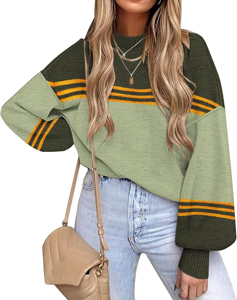 ETCYY Womens Sweaters Fall 2024 Batwing Long Sleeve Side Slit Knit Tops Crew Neck Striped Oversiz... | Amazon (US)