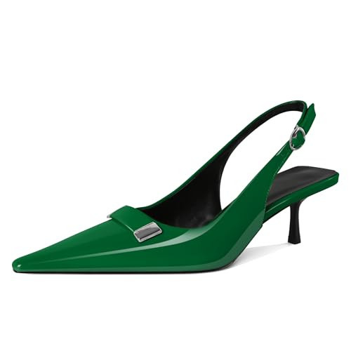 Younton Kitten Heels for Women Slingback Pumps Sandals Pointy Toe Pumps 2 Inch Elegant Dress Shoes Green Patent Leather US Size 7.5 | Amazon (US)