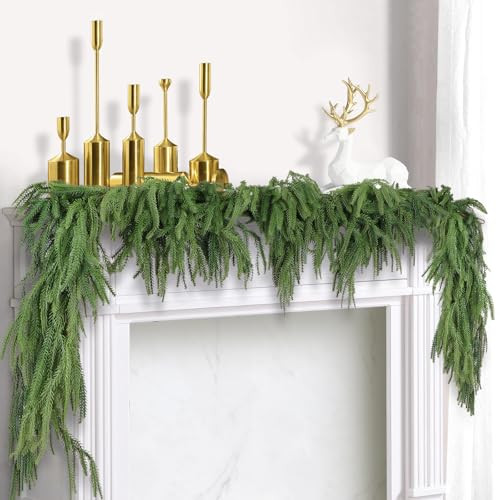 2 Pcs Christmas Norfolk Pine Garlands, Real Touch Pine Garland, Artificial Greenery Garland for Christmas Table Wall Fireplace Mantle Outdoor Decoration | Amazon (US)