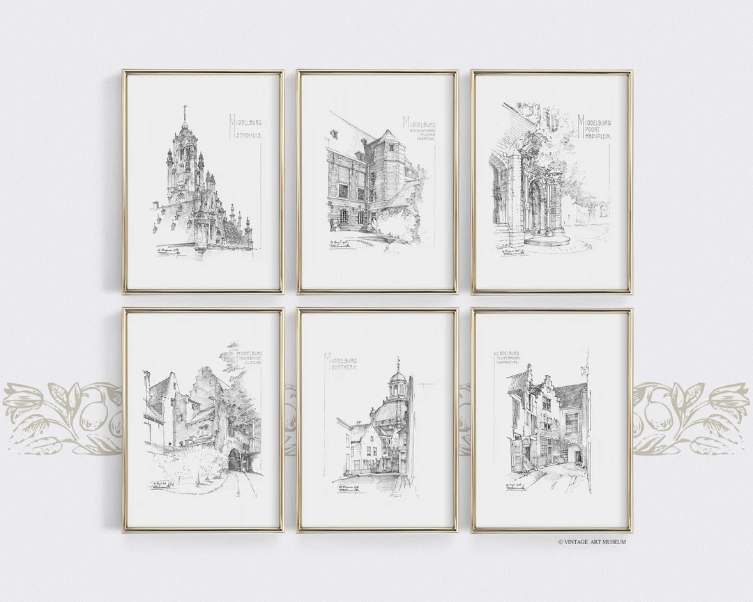 Vintage Architecture Sketch Art Gallery Wall Set of 6 - Etsy | Etsy (US)