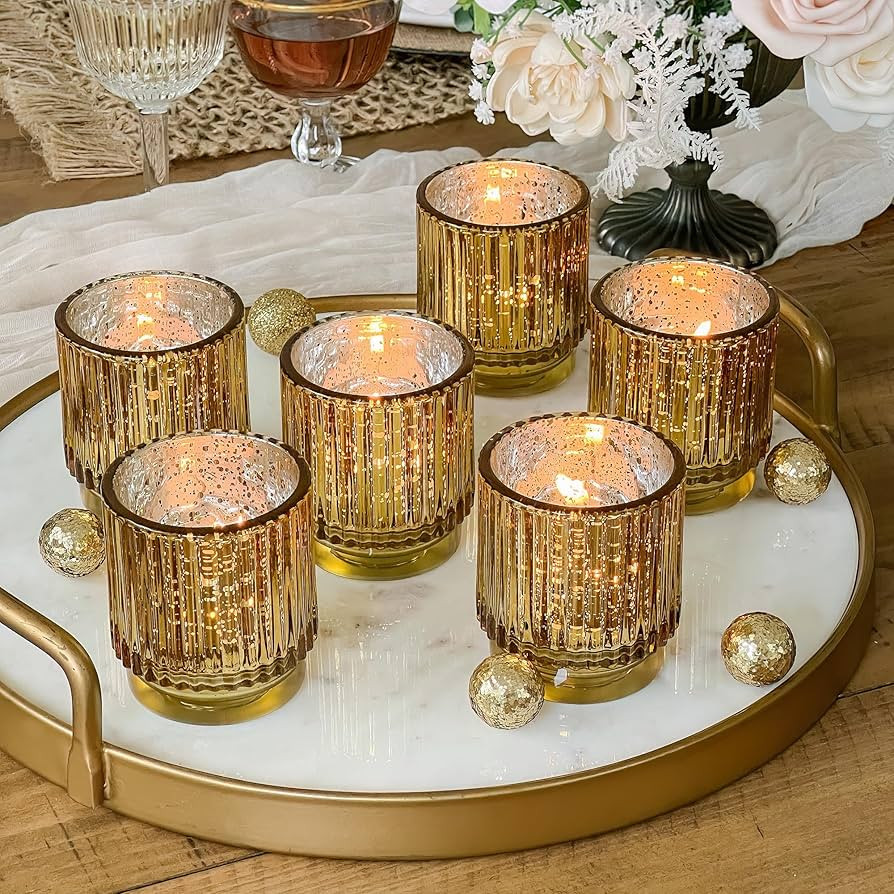 Gold Vintage Ribbed Glass Tealight Votive Candle Holders by Kate Aspen (Set of 6), Fall Decor, Bo... | Amazon (US)