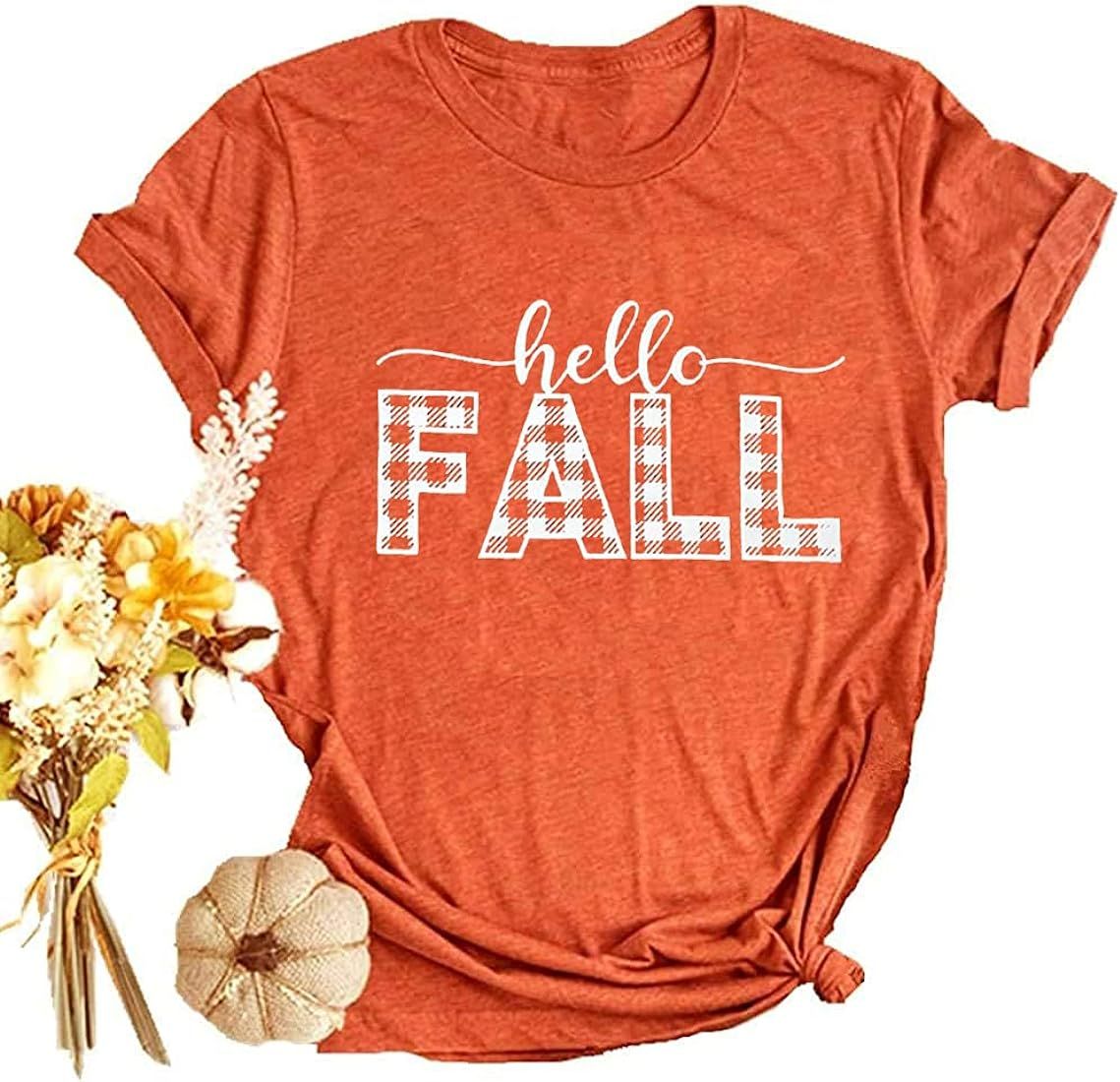 Hello Fall Shirt for Women Plaid Pumpkin Graphic Tees Casual Autumn Thanksgiving T-Shirt Tops | Amazon (US)