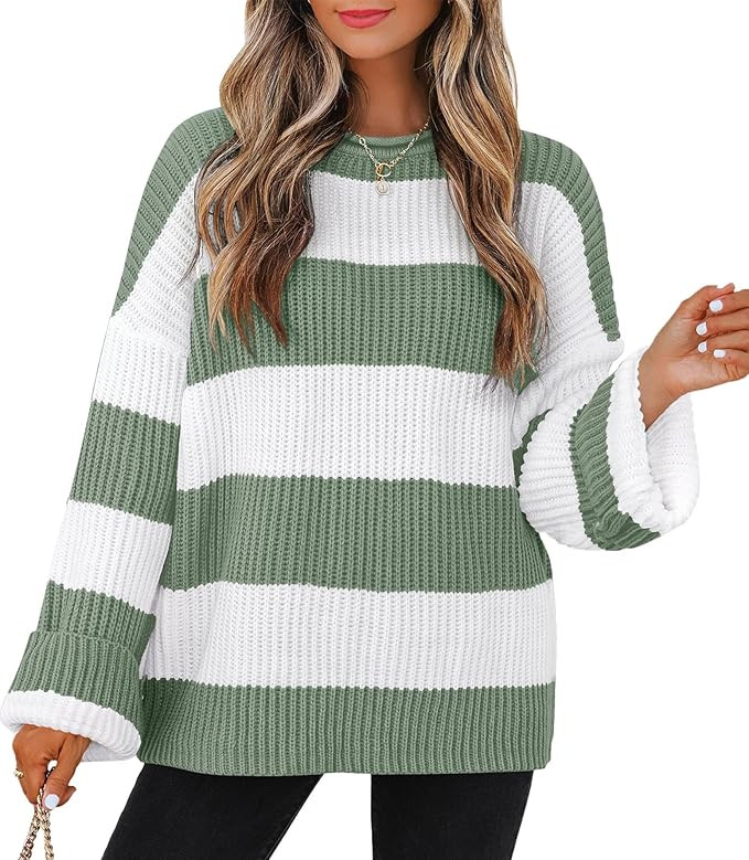 ZESICA Women's Fall Long Sleeve Crew Neck Striped Color Block Comfy Loose Oversized Knitted Pullo... | Amazon (US)
