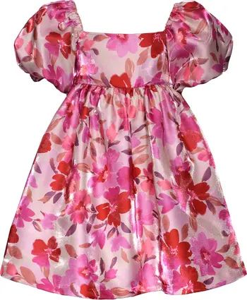 Kids' Floral Puff Sleeve Jacquard Satin Party Dress | Nordstrom
