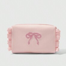 Pink Embroidered Bowknot Cute Cosmetic Bag | SHEIN