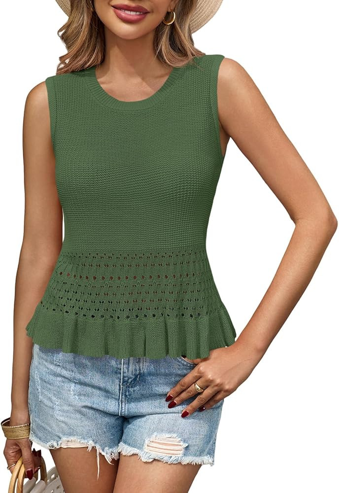 Saodimallsu Womens Crochet Crop Tank Tops Sleeveless Crew Neck Ruffle Summer Boho Knit Sweater Ve... | Amazon (US)