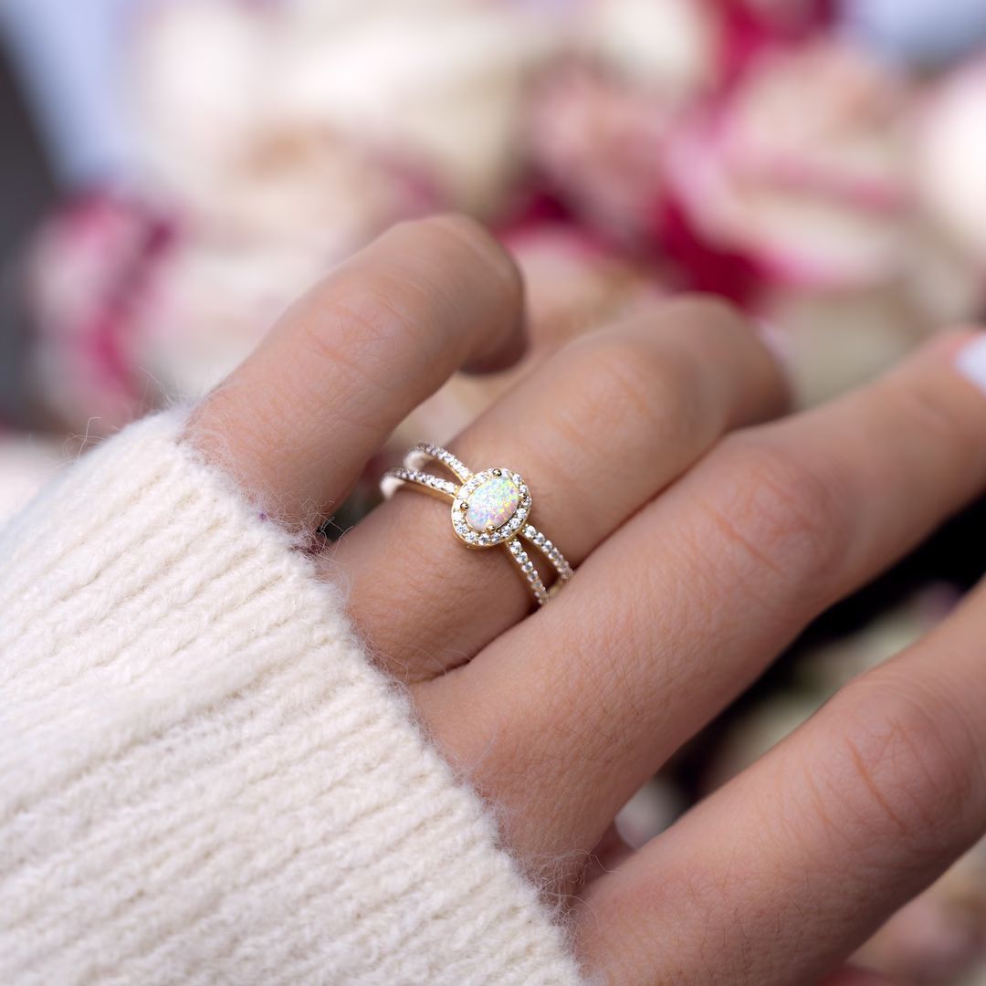 Dainty Opal Ring Opal Stacking Ring White Opal and CZ Ring - Etsy | Etsy (US)