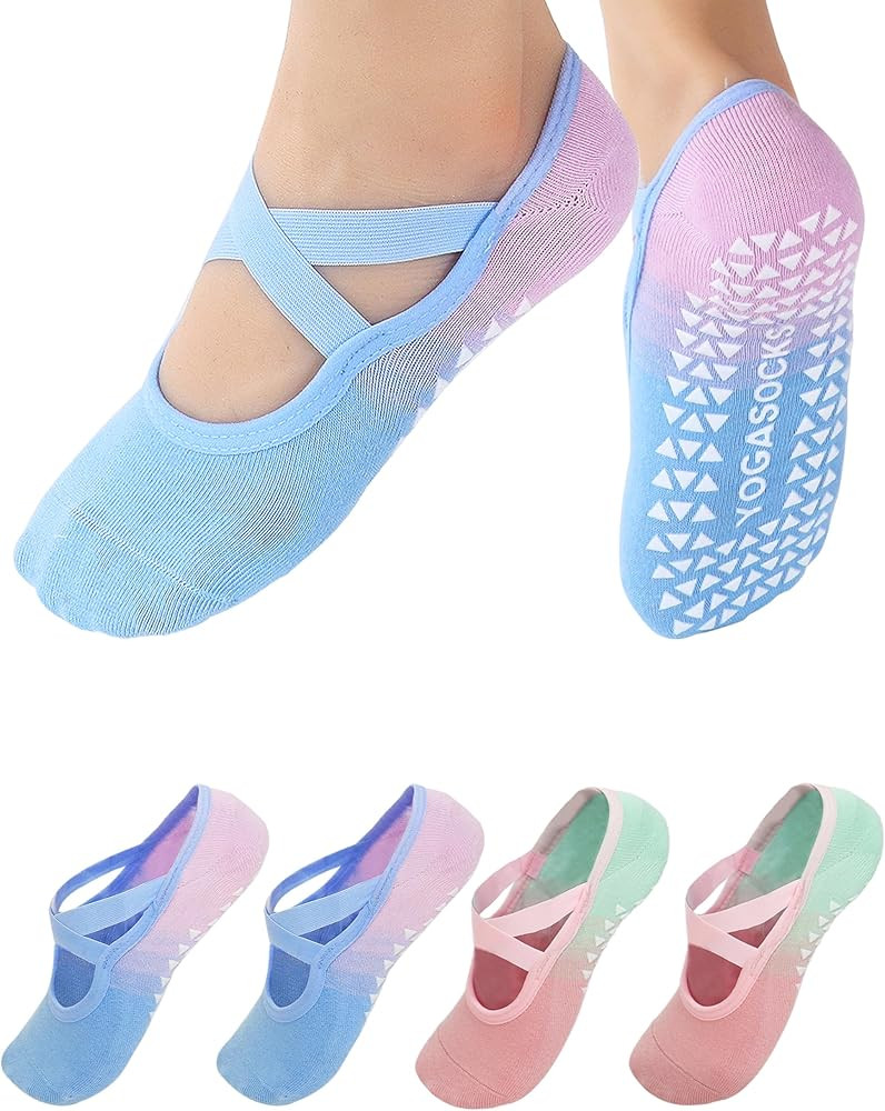LemonGirl Womens Non-Slip Yoga Socks US 5-8 with Grips 2 Pairs Gradient Color for Pilates Barre | Amazon (US)