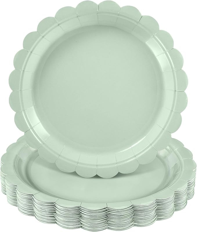 30 Pk Sage Green Paper Plates 9" Scalloped Sage Baby Shower Plates | Sage Wedding Dessert Cake Pl... | Amazon (US)