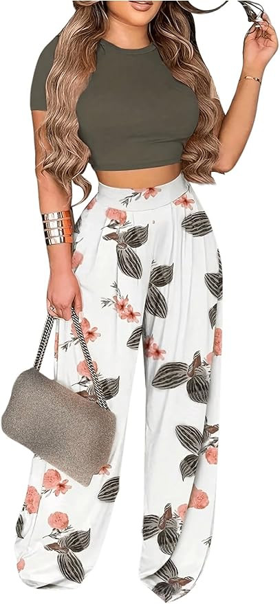 WDIRARA Women's 2 Piece Outfits Short Sleeve Crop Top And Plant Print Long Pants | Amazon (US)