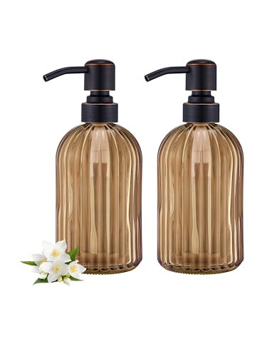 16 OZ Amber Glass Soap Dispenser, Amber Stripe Bathroom Hand Soap Dispensers with Stainless Steel Bronze Pump,Brown Glass Kitchen Hand Soap Dispenser with Oil Rubbed Bronze Pump,2 Packs | Amazon (US)