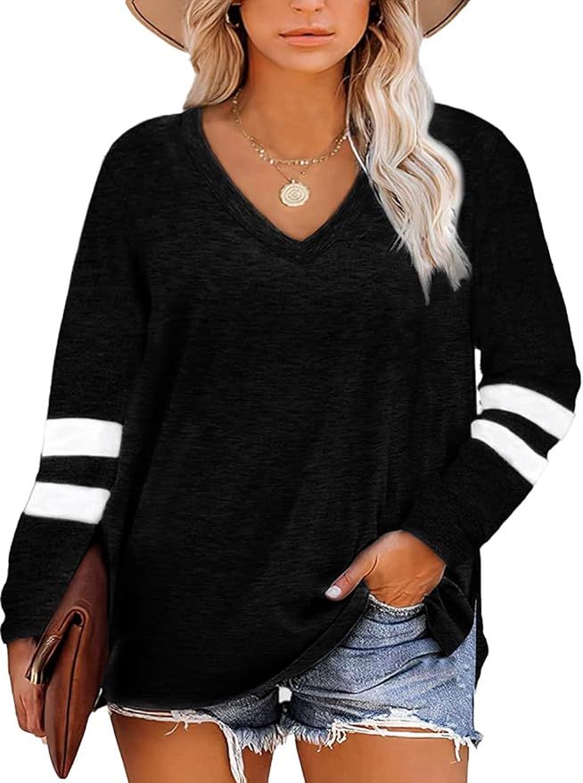 Gloria&Sarah Womens Plus Size Tops V Neck T Shirt Color Block Long Sleeve Casual Tunic Tops | Amazon (US)